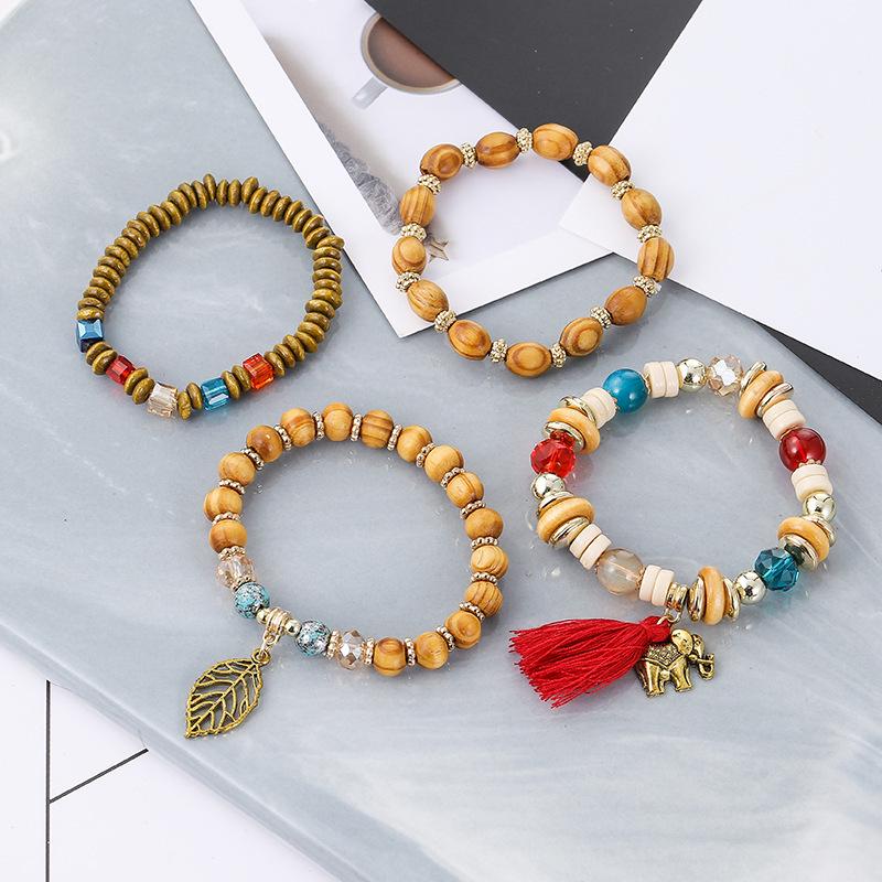 Wooden Tassel Bracelet For Men and Women 4PCS Retro Alloy Elephant Leaf Crystal Bracelet