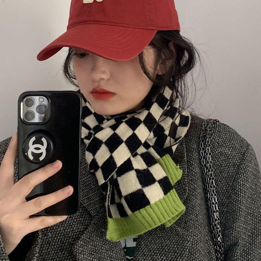 New Korean Style Checkerboard Scarf for Women Trendy Cotton Warm Thickened Scarf for Men Winter