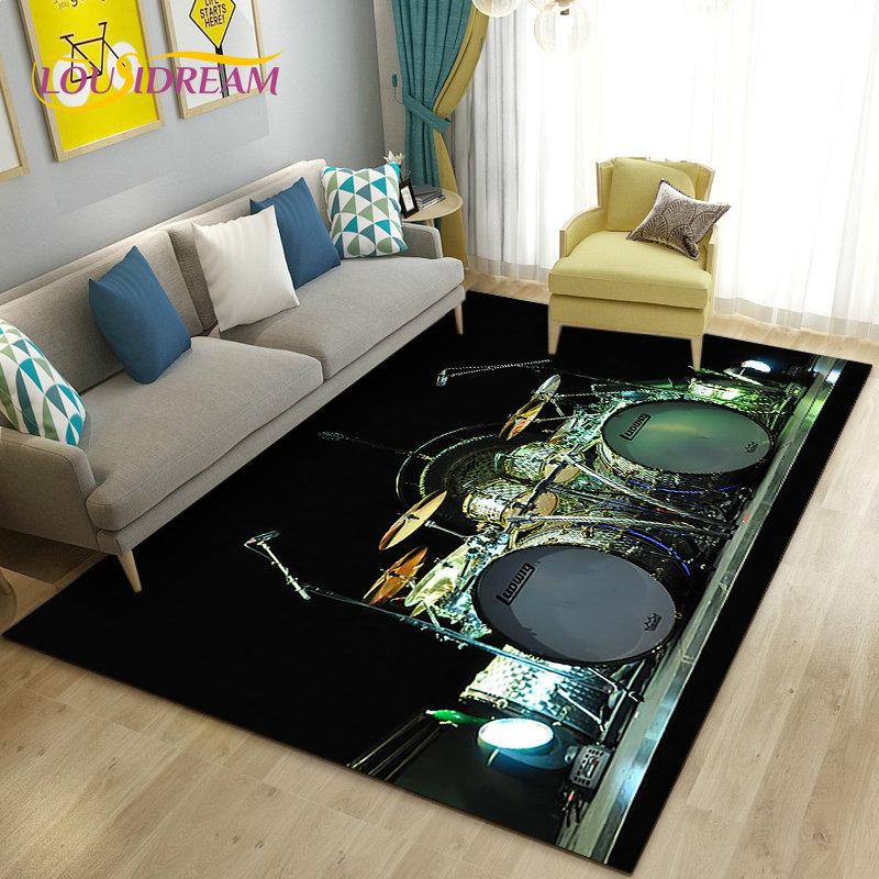 Teppich mit Schlagzeug, Musikinstrumenten, groß, Teppich für Wohnzimmer, Schlafzimmer, Sofa, Fußmatte, Küchendekoration, rutschfeste Bodenmatte für Kinder