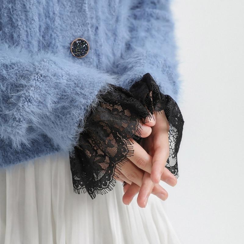 Women Faux Collar Eyelash Flower Lace Detachable Blouse Collar Necklace with False Sleeves Cuffs Set Clothing Accessory
