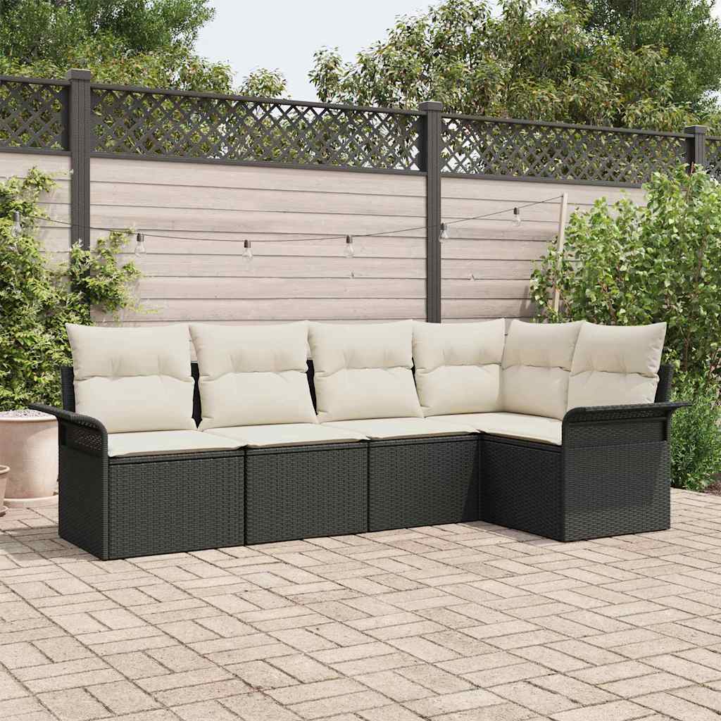 5 Piece Black Poly Rattan Garden Sofa Set with Storage