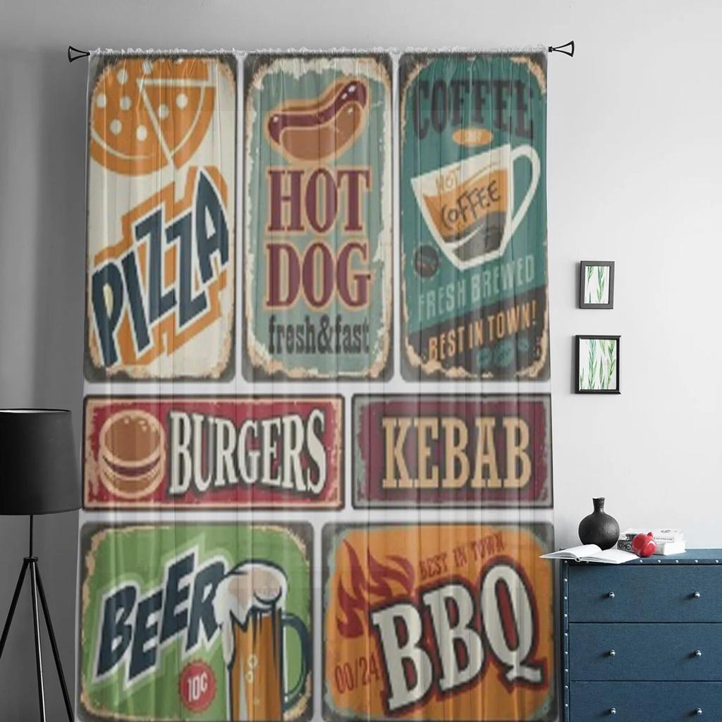 Retro Food Posters And Design Elements Chiffon Sheer Curtains for Living Room Bedroom Window Curtain Voiles Tulle Cortinas