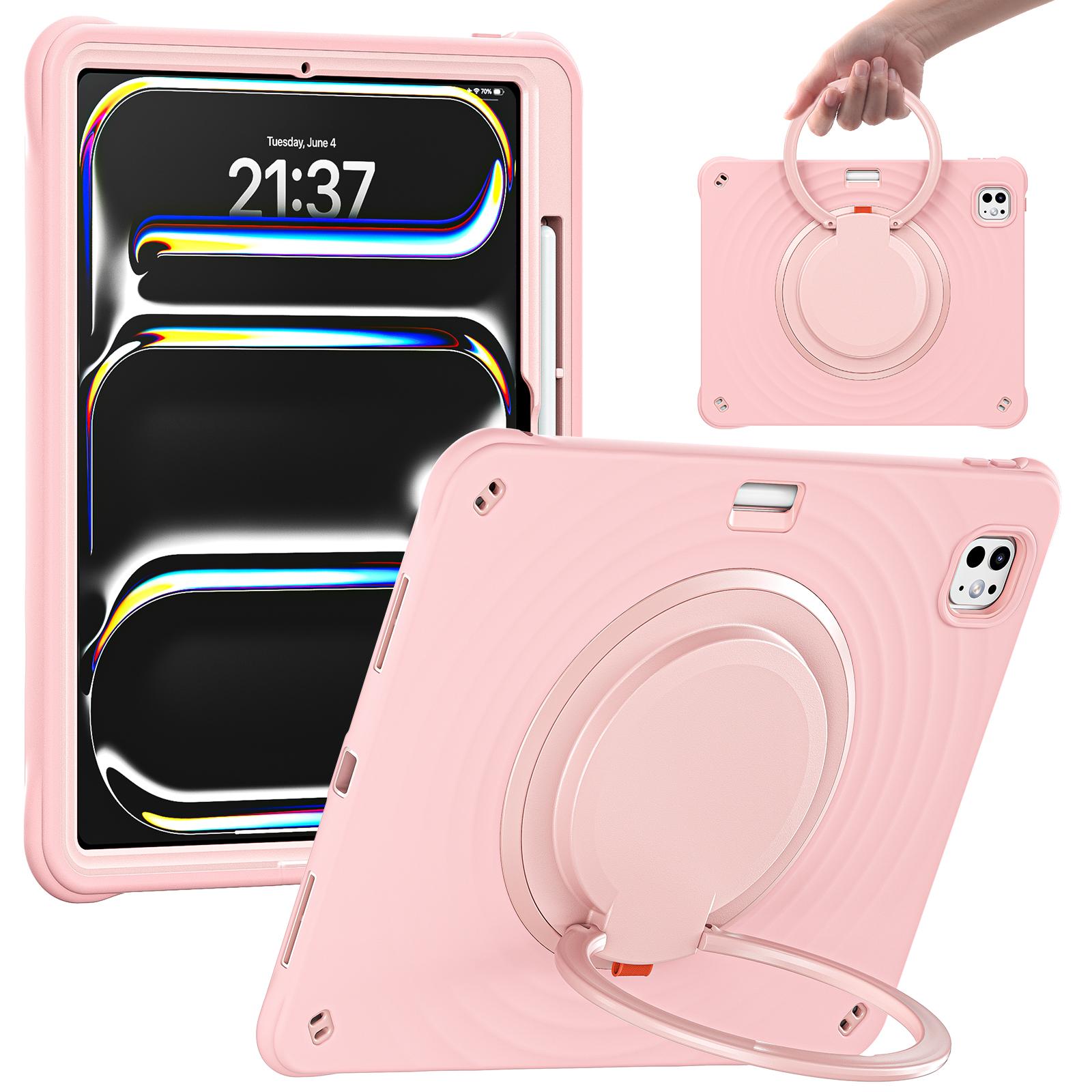 

For iPad Pro 13 (2024) Case Rotatable Hand Grip Kickstand PC+Silicone+TPU Tablet Cover Pink