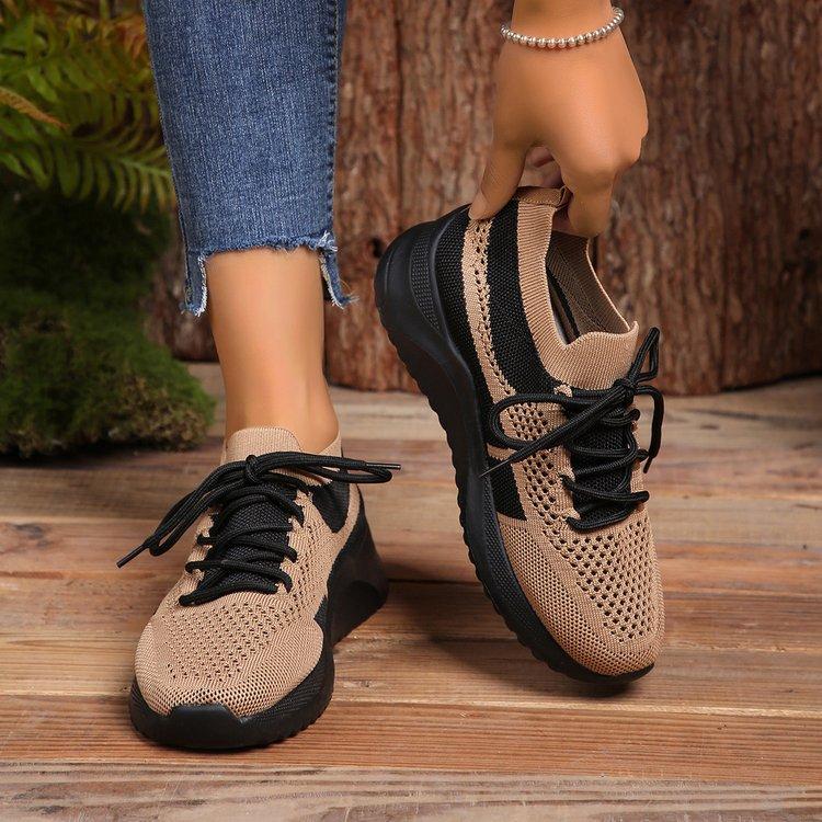 Flying Woven Mesh Casual Shoes Women's Spring and Autumn Thick-soled Color Matching Round Head Lace-up Sports Shoes Women
