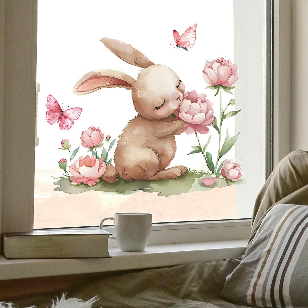 Ostern Aquarell Cartoon Hase Blume Statisch Haftend UV Fensteraufkleber Selbstklebend für Glasfen Heimdekoration