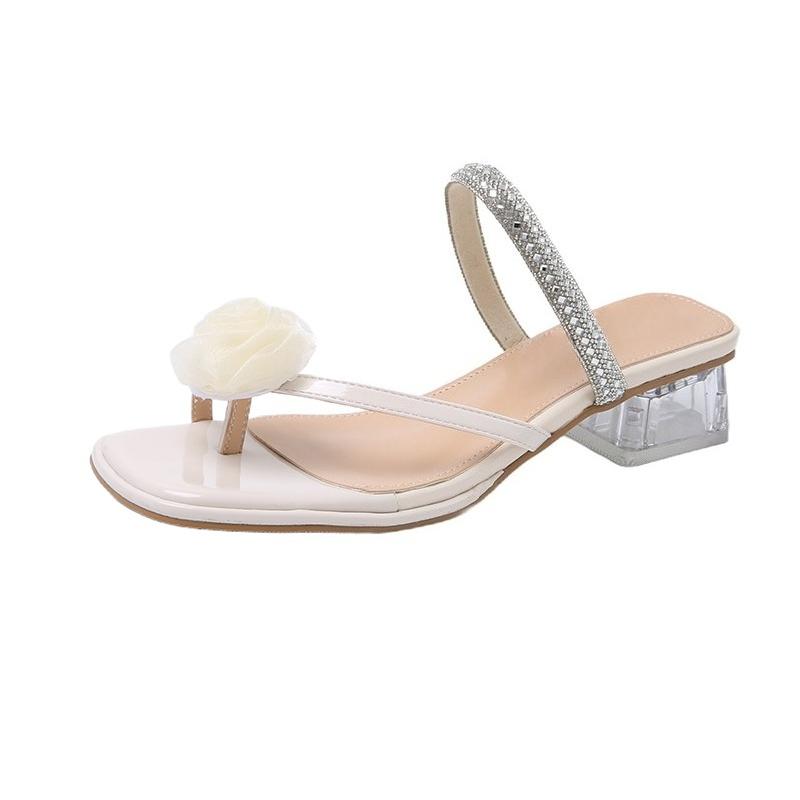 Fashion French Style Chunky Heel Rhinestone Slippers Women's Outdoor Summer Fairy Atmosphere Cool Slippers Korean Version Rubber Sole