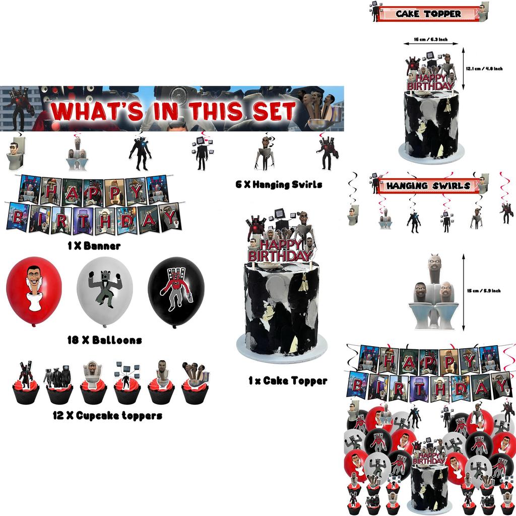 Skibidi Toilet Theme Birthday Party Decoration Kit Monster Birthday Cake Topper Paper Flag Balloons And More!