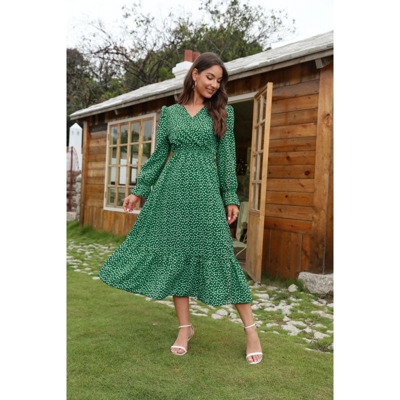 Women's Ditsy Floral V Neck Long Sleeve Maxi Dress High Waist Elastic Waist Ruffle Hem Boho Casual Dress