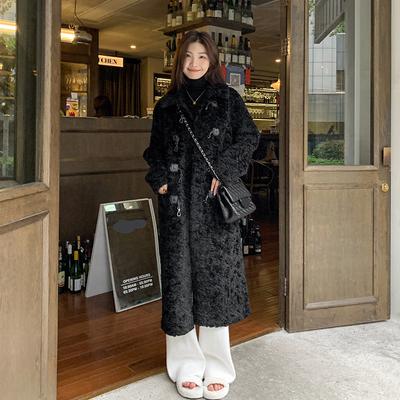 Women's Autumn And Winter Black Imitation Lamb Fur Coat Loose Temperament Buckle Knee Coat Long Imitation Fur Coat