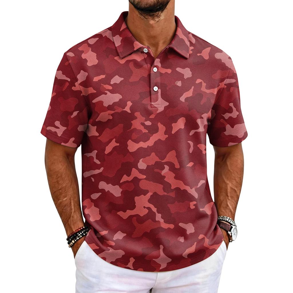 Men's Camouflage Polo Shirt Slim Fit Short Sleeve Business Casual Collar Buttoned Front Breathable Fabric Lightweight Design