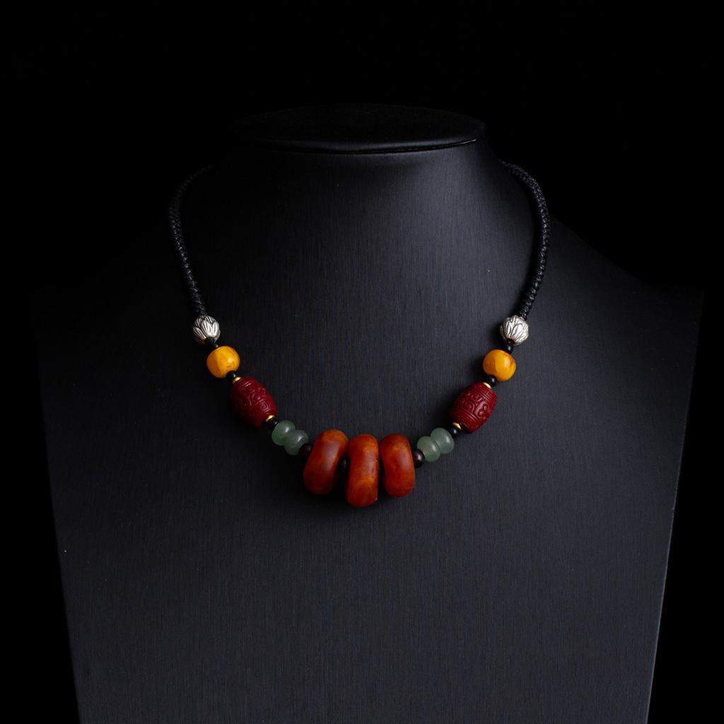 Vintage Zen Fashion Imitation Agate Pendant Necklace Collarbone Chain Couple Simple Ethnic Style Black Rope Chain Sweater Chain