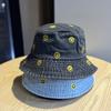 New casual denim fisherman hat for women, Korean style trendy smiley face embroidery, versatile bucket hat with small brim for sun protection