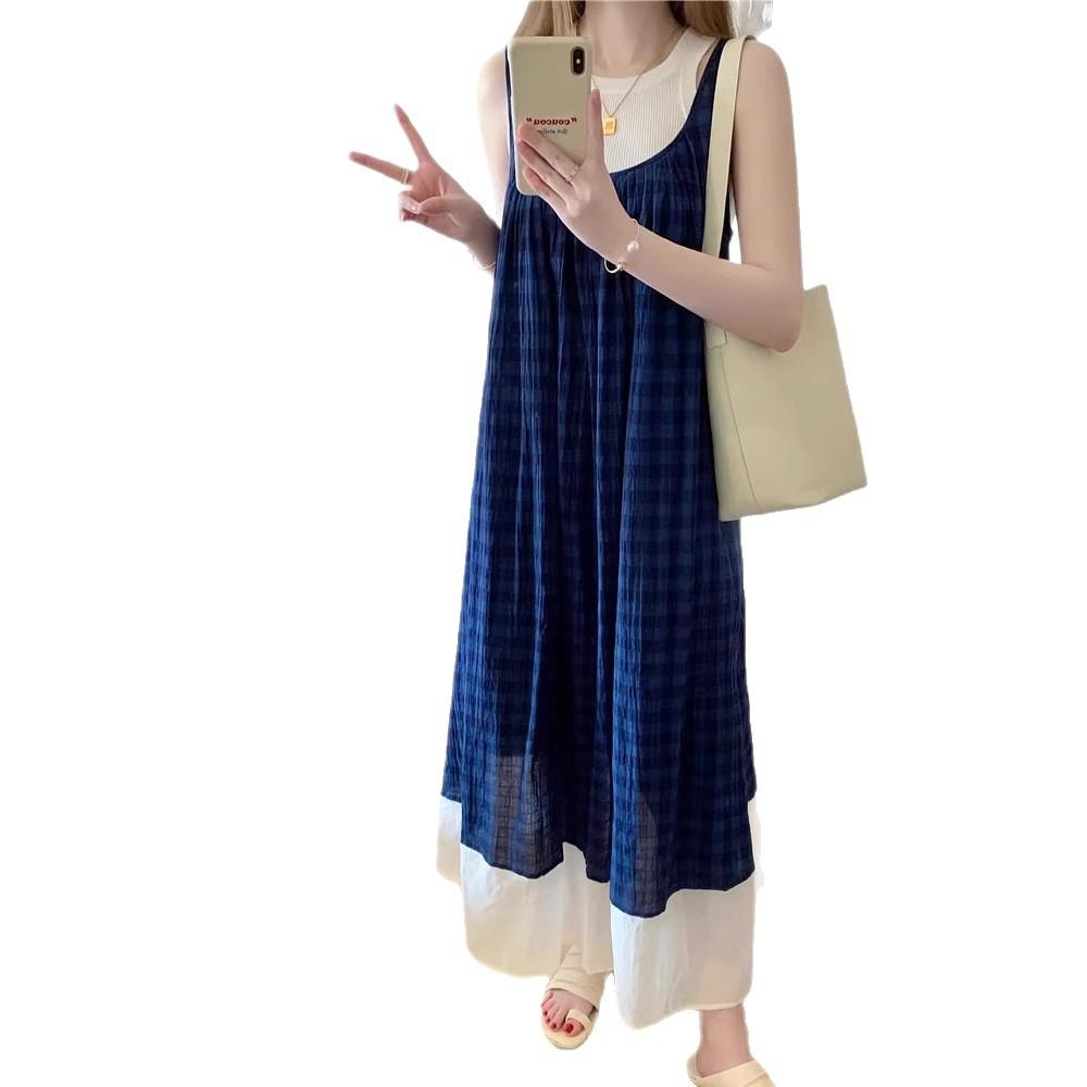 Blue Plaid Light Suspender Dress Women's Summer Loose Belly Cover and Thin Holiday Style Sleeveless Vest Long Skirt