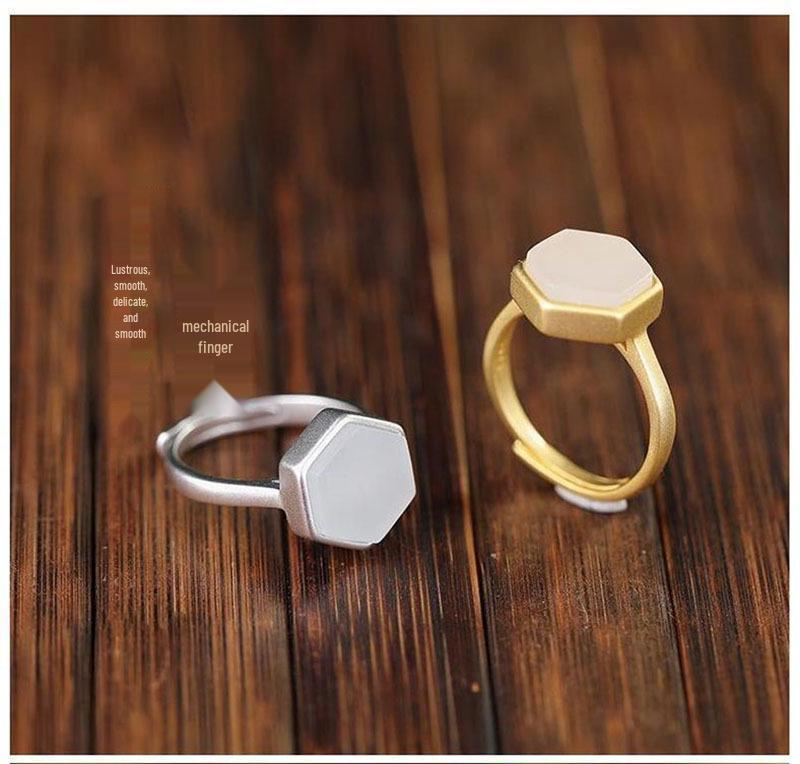 Geometrischer Mattierter Zirkon & Imitation Hetian Jade Offener Ring