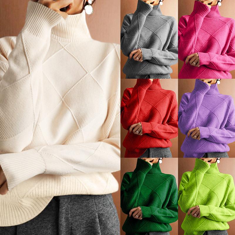 Pullover Loose Elegant Commuter Knitwear Solid Colour High Neck Diamond Pattern Fashion Sweater for Women Luxurious Relaxed-fit Slimming Versatile Top