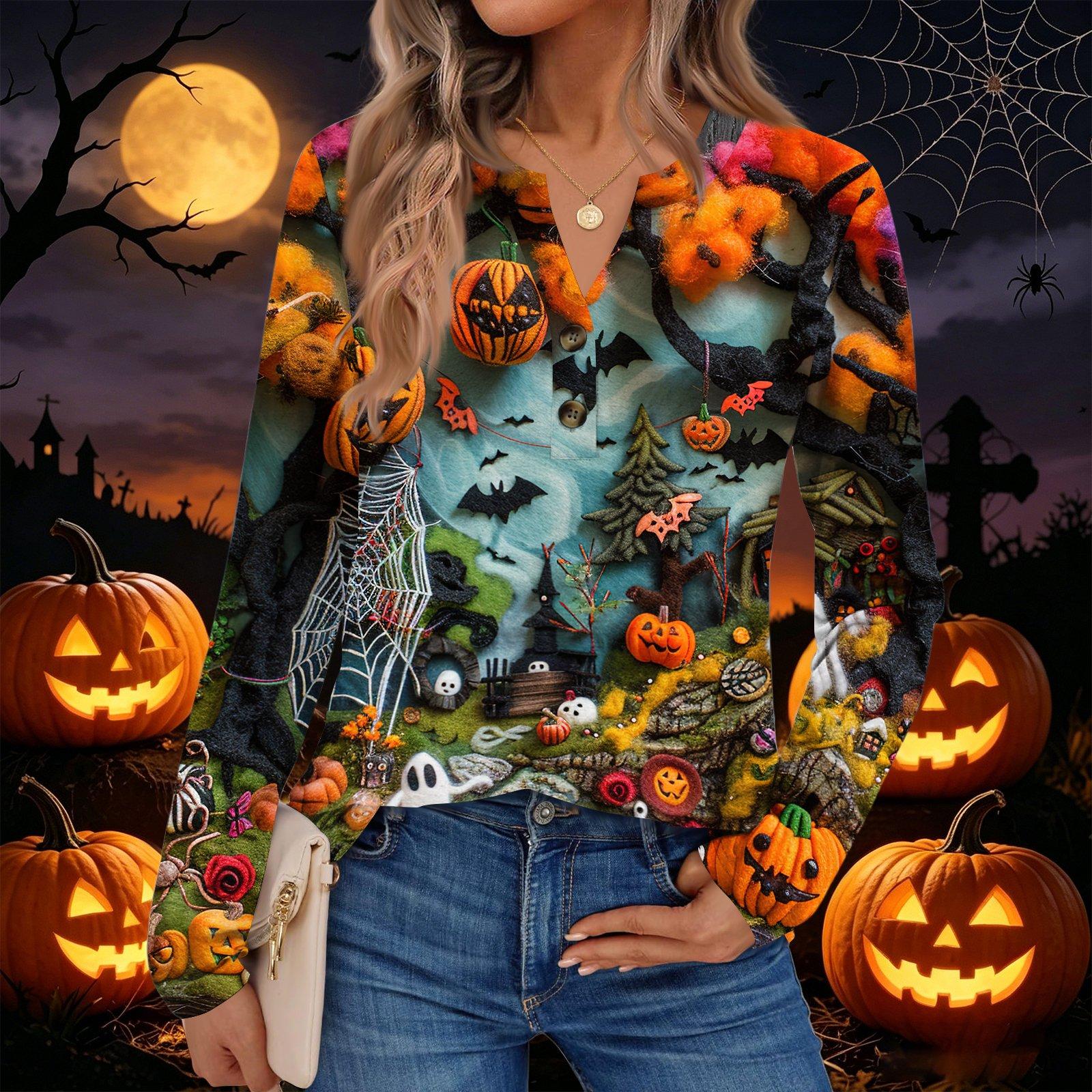 Women s Halloween Print Long Sleeve Shirt Casual Blouse L