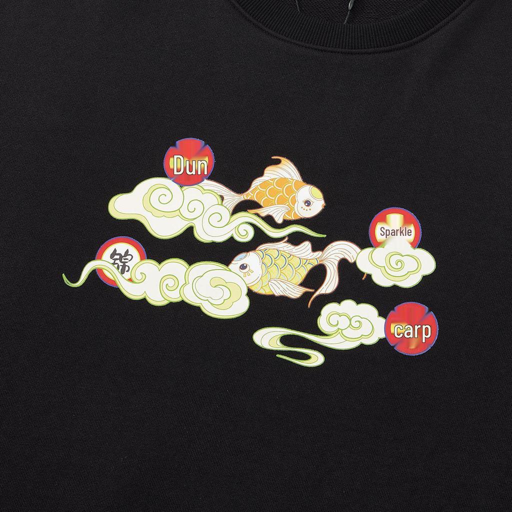 Men's Dunhuang Print Heavyweight Black Hoodie, Long Sleeve, Pure Cotton, 380G, Autumn/Winter.