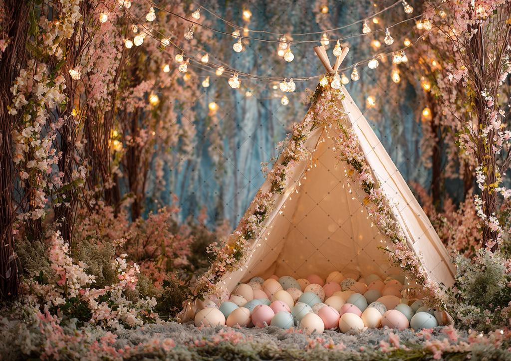Spring Easter Photography Background Boho Tent Colorful Eggs Flower Baby Shower Birthday Party Decor Kid Portrait Photo Backdrop