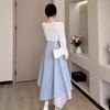 French Temperament Blue Suspender Dress Children's Summer New Temperament Waist Irregular Splicing Dress