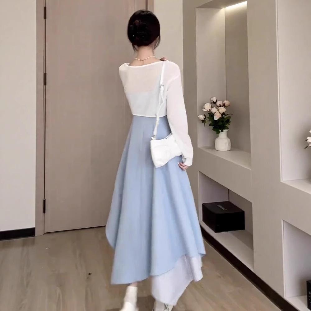 French Temperament Blue Suspender Dress Children's Summer New Temperament Waist Irregular Splicing Dress