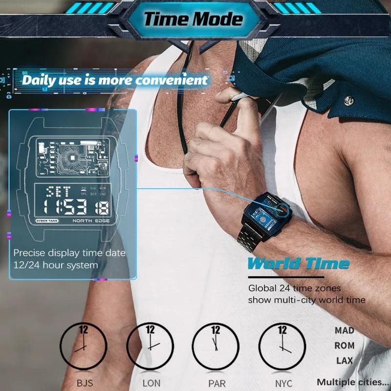NORTH EDGE Herren Digitaluhr Retro Industrie Metall Stil Wasserdicht 50M Sport Uhren Für Männer Welt Zeit reloj de hombre