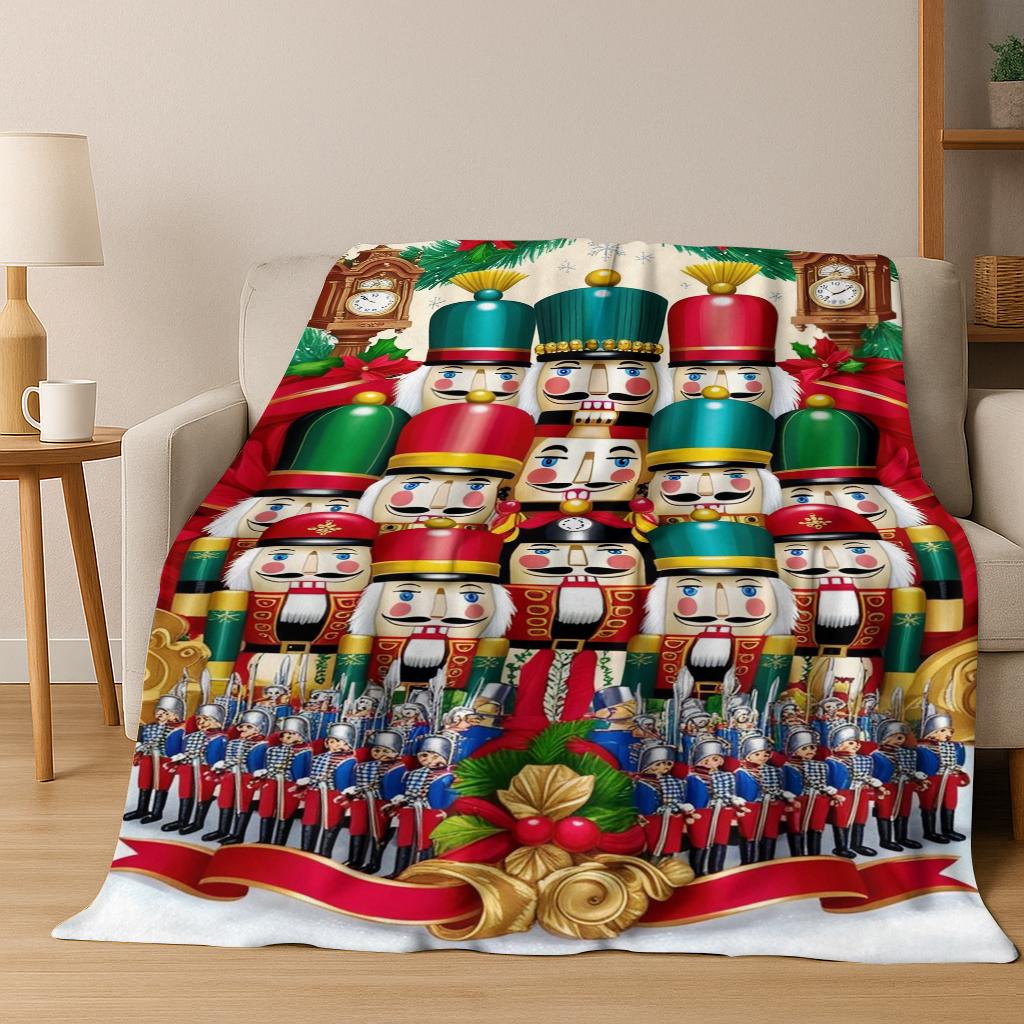Frohe Weihnachten Baum Nussknacker Cartoon Puppe Neujahrsgeschenk Flanell Decke, Weiche Wohndecke für Zuhause Schlafzimmer Bett Sofa Kinder