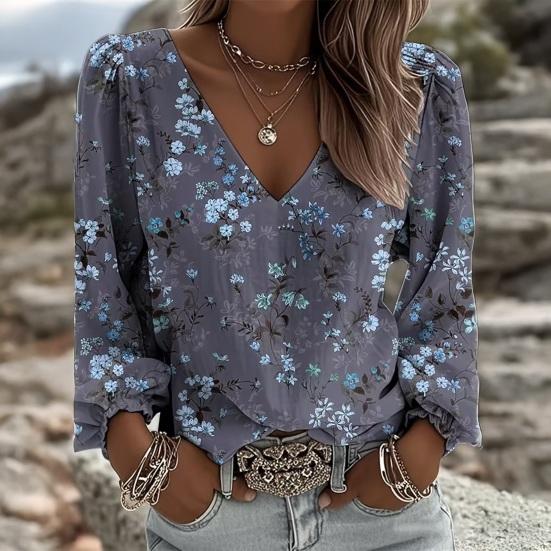 Yousheng Women Tops Retro Floral Print Puff Long Sleeve Shirt V-neck Loose Fit Casual Blouse Breathable Daily Wear