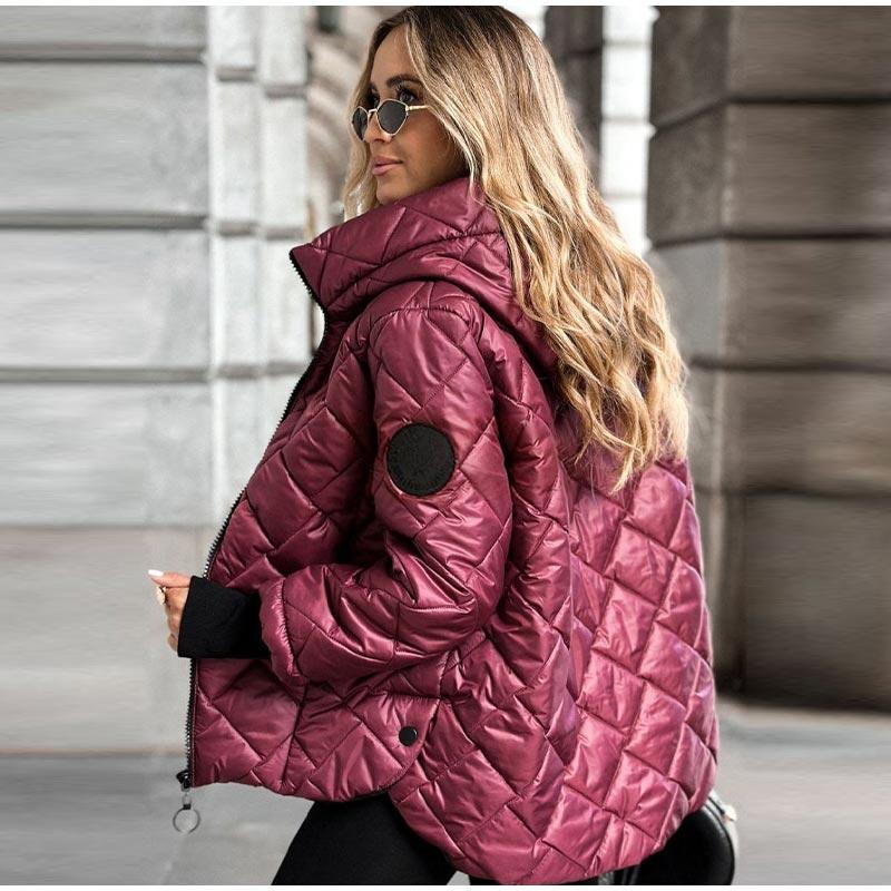 Autumn and Winter New Fashion Trend Diamond-shaped Pressure Grid Loose Hooded Cotton-padded Warm Jacket