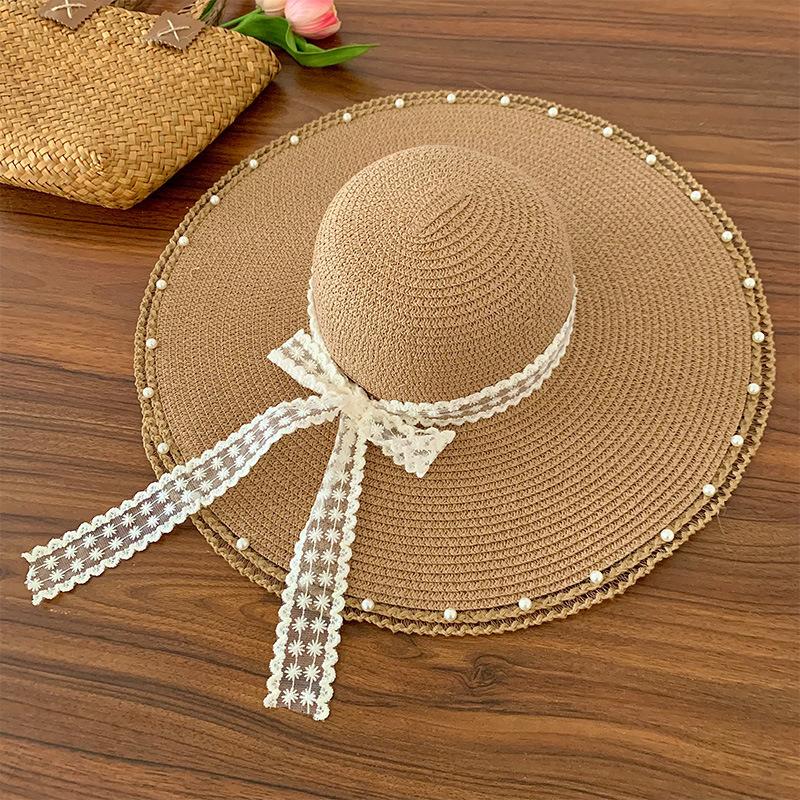 Lace Bow Straw Hat Women's Summer French Large Brim Sunscreen Hat Seaside Beach Vacation Sun Hat