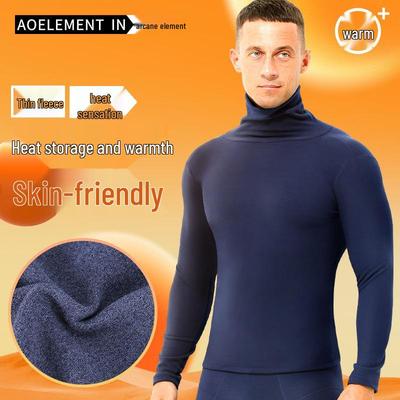 Herren Plüsch Verdicktes Herbst-Oberteil: Mittelhoher/Hoher Kragen, Warme Slim-Fit-Basisschicht mit langen Ärmeln