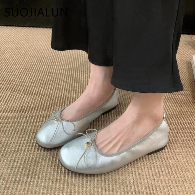 Fashion SUOJIALUN 2025 New Women Flat Shoes Fashion Round Toe Shallow Slip On Ladies Elegant Ballerina Soft Flat Heel Dress Single Shoes