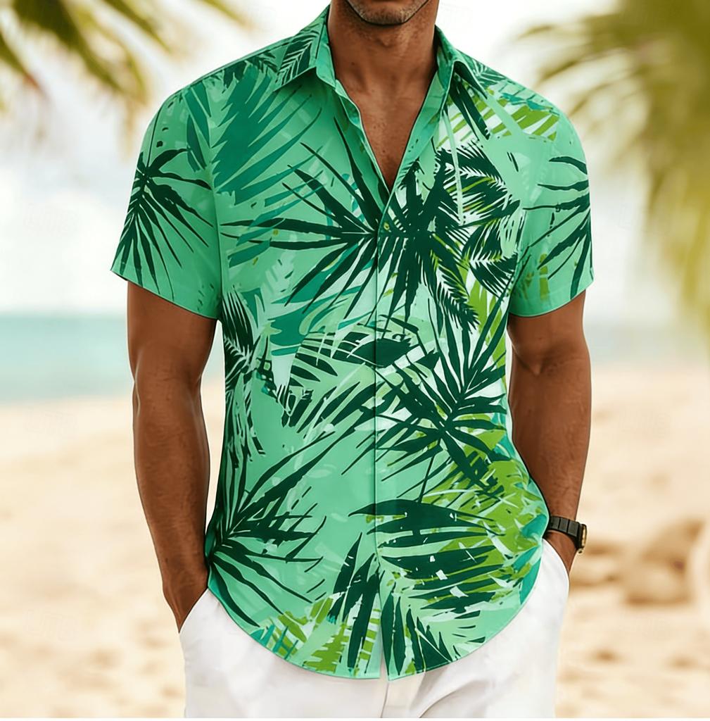 Men's Brushstroke Palm Leaf Print Short Sleeve Shirt, Spring Summer Artistic Hawaiian Vacation Blouse, Loose Casual Top
