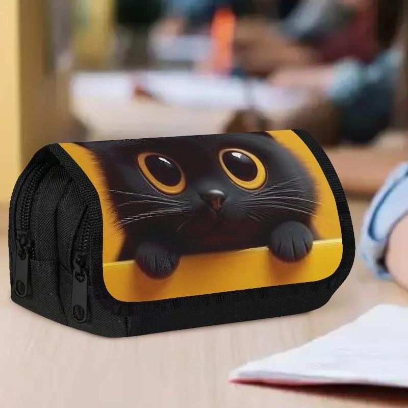 1pc Double Layer Flip Pencil Case - Little Black Cat on Yellow, Large Capacity, Portable Polyester Pen Storage Bag with Zipper Closure, Ideal for Scho