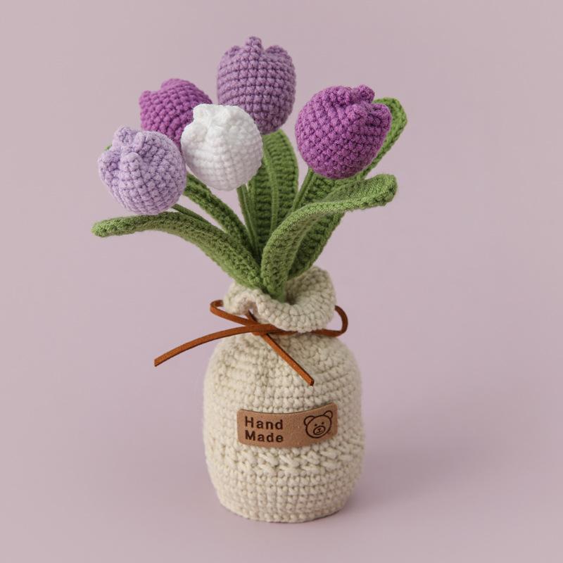 2025 Tulips Crochet Flowers with Kintted Potted Kinttted Sunflower Pot Desk Accessories Handwoven Plant Pot Home Decor Gift
