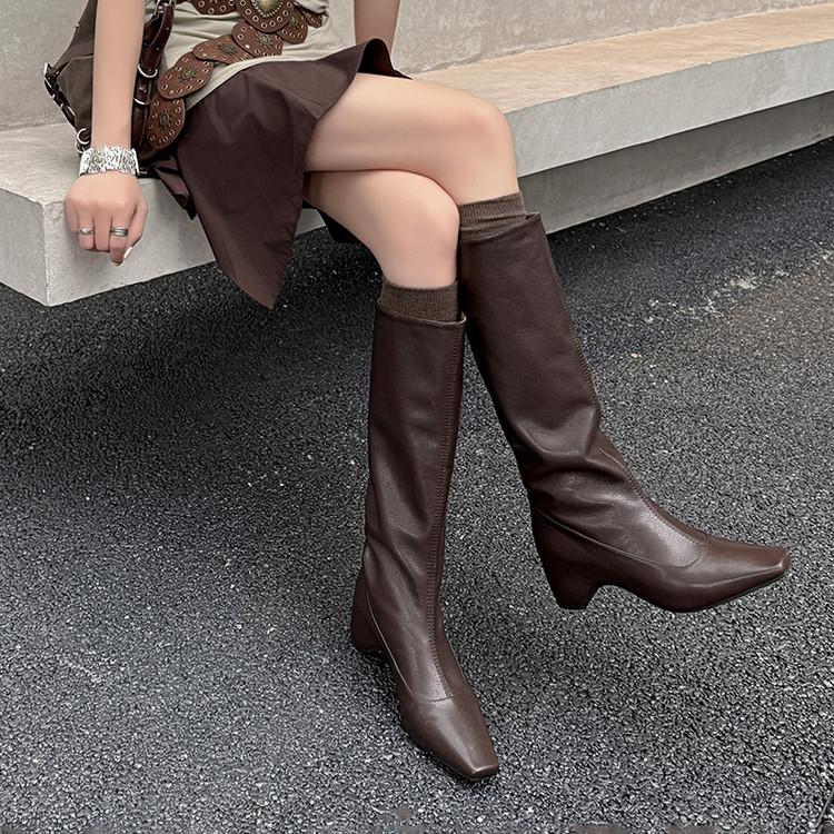 Niche square head thick heel soft leather high trouser boots fried street hot girl height increase white but knee knight boots