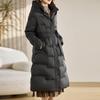 Women's Stylish Over-the-knee White Duck Down Jacket - Long, Slimming, Warm, Waist-Cinched Belted Winter Outerwear.