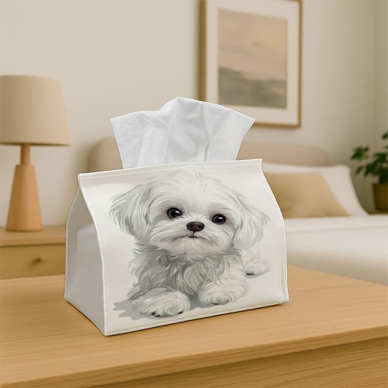 1pc Cute Pet Clean Tissue Box | Decorative Tissue Dispenser with White Puppy Portrait, Durable Polyester Fabric for Home, Party, Car, Kitchen, Dining