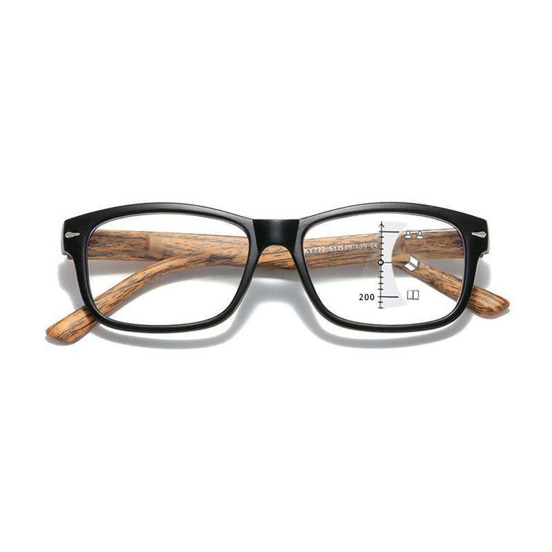 Classic Square Photochromic Multifocal Reading Glasses High-definition Anti-blue Light Vintage Wood-grain Leg Eyeglasses