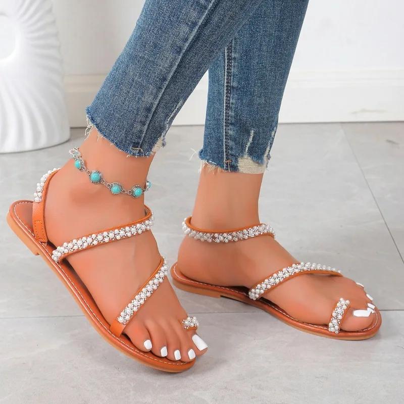 Modne buty damskie 2024 Gorąca wyprzedaż Wsuwane sandały damskie Letnie sandały z odkrytymi palcami Perły Jednolite Lekkie Outdoorowe Casualowe Płaskie Sandały w dużych rozmiarach