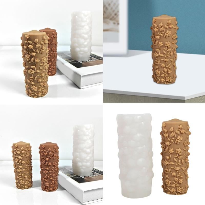 Embossed Floral Leaf Cylinder Silicone Candle Molds for Epoxy Resin Handmade Candle Soap Fondant Chocolate Candy Cake