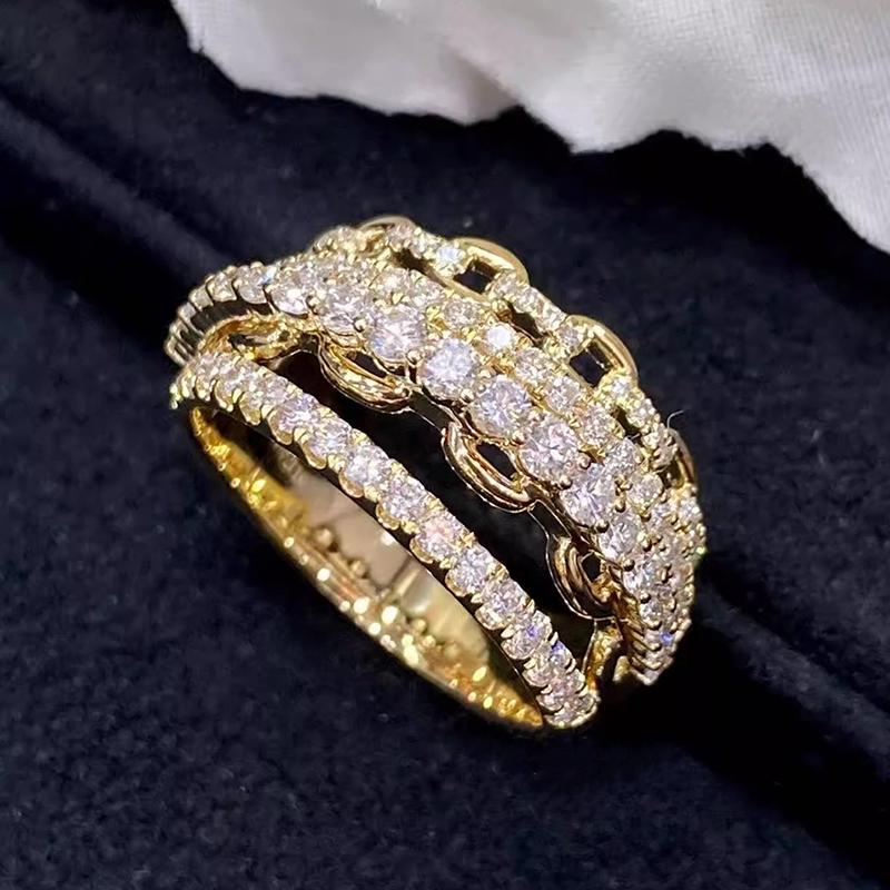 Fashion Multi Layered Design Ring Female Luxury Gold Color Wide Finger Jewelry with Bright Zirconia Chain Accessories