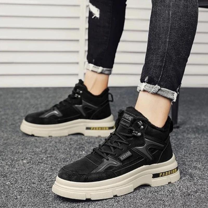 Herrkängor Vinter Tjock Plysch Varma Bomullskängor Moderiktiga Vardagliga Höga Kängor Varma Herr Sneakers Snörning Plattformskänga