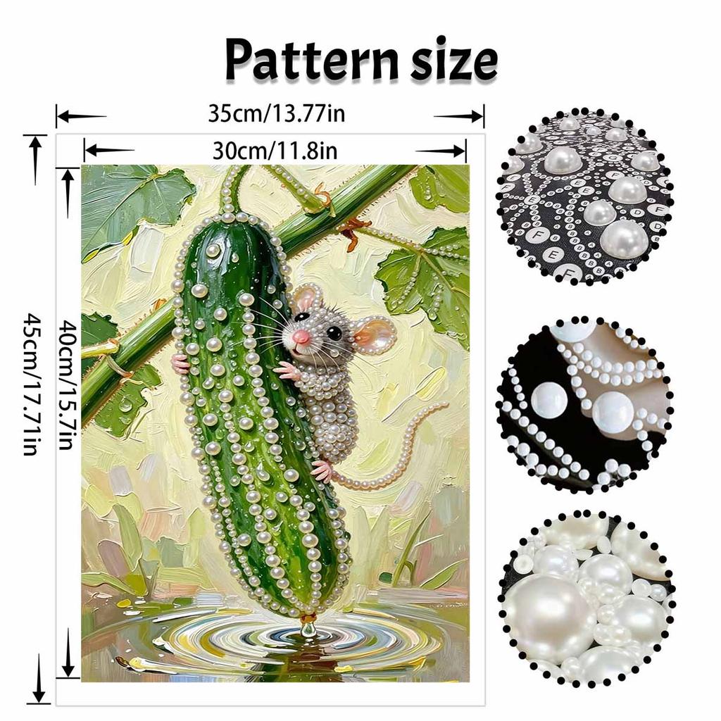 DIY Frameless Pearl Painting Kit Cute Mouse & Cucumber 3D Shiny Bead Art Canvas Relaxing Creative Craft for Home Wall Decor Gift