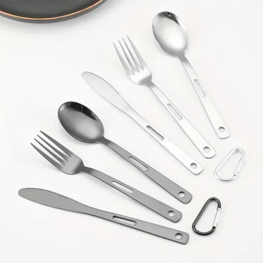 4/7pcs Camping Cutlery Set Black/Silver with Buckle and Storage Bag Flatware Set Stainless Steel Spoon Fork Set Travel