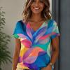 Women 2026 New European American Bohemian Print V‑Neck Short Sleeve Summer T‑Shirt