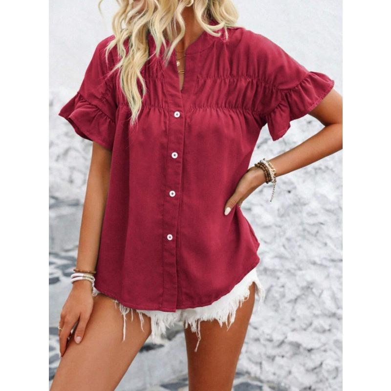 YYFS Women's Fashion Casual Summer Spring Solid Color Print Short Sleeve V-Neck Blouses & Shirts