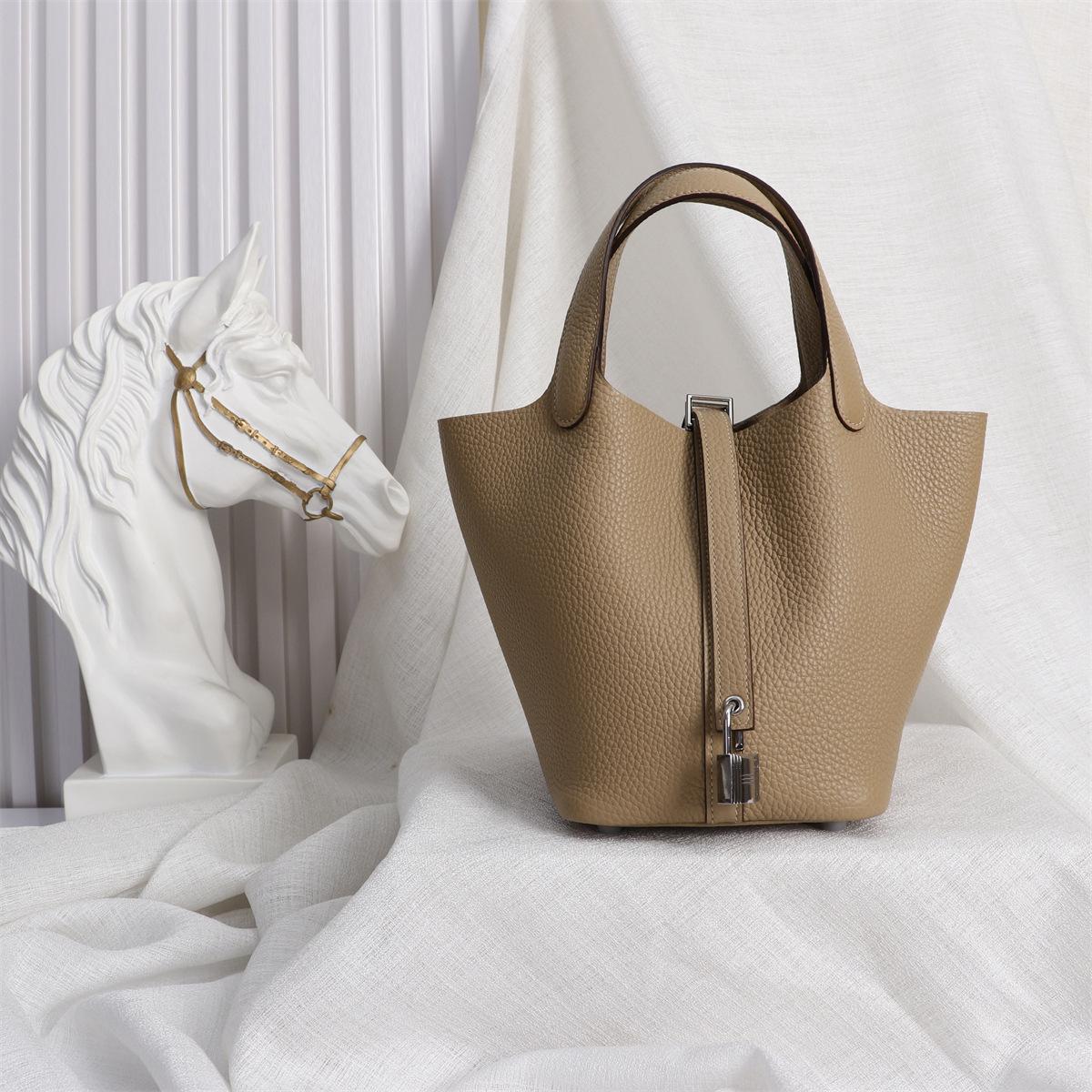 

Handcrafted Wax Line Women s High-End Lychee Grain Leather Bucket Bag