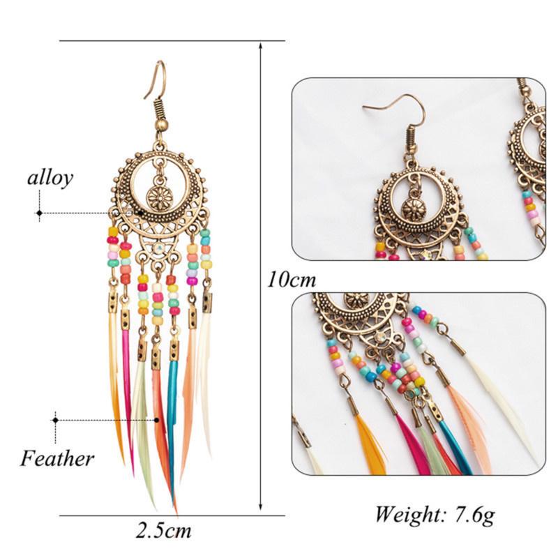 Bohemian Feather Earrings 2024 Ethnic Vintage Rainbow Colorful Beads Feather Tassle Earrings For Women Hawaiian Jewelry