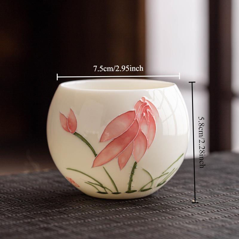 Hand Drawn Relief Sheep Fat Jade High End Ceramic Tea Cup Single Cup
