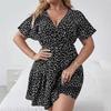 Plus Size V-neck Ruffle Short Sleeve Wrapped Printed Dress for Women Fashion Elegant Party Short Dress Loose Casual Sweet A-line Dresses Holiday